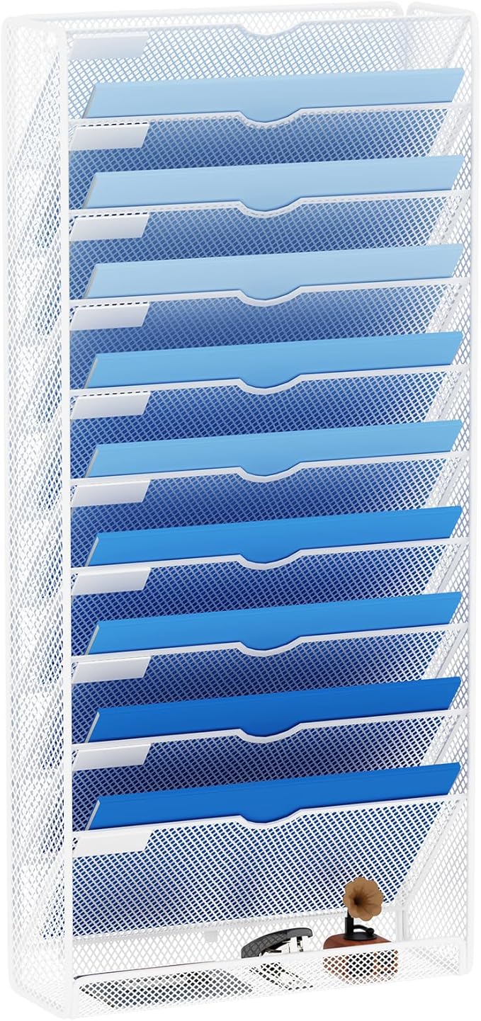 Hanging Wall File Organizer 10 Tier Wall Mounted File Holder Document Wall Organizer Magazine Organization for Office Home, White