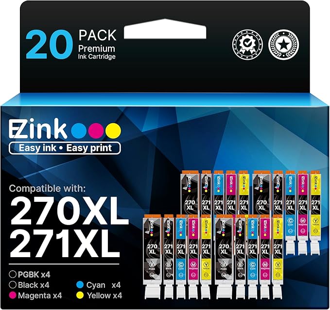 E-Z Ink Compatible Ink Cartridge Replacement for Canon PGI-270XL CLI-271XL PGI270 XL CLI271 XL Compatible with MG5720 TS6020 TS9020 (4 Large Black,4 Small Black,4 Cyan,4 Magenta,4 Yellow) 20 Pack
