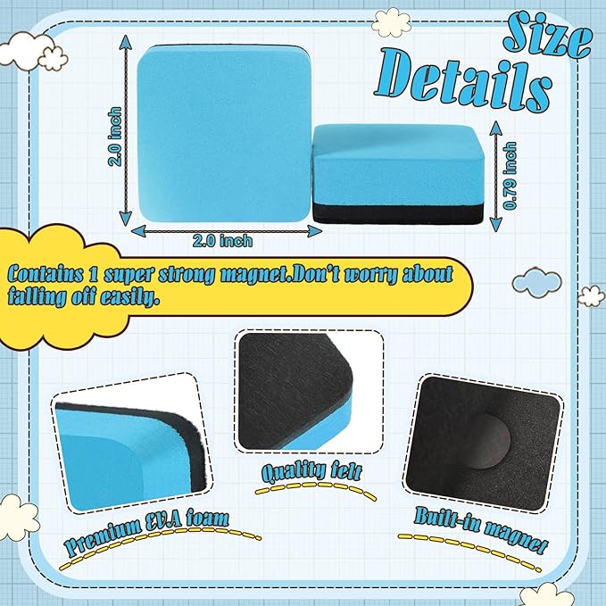 TaoBary 96 Pack Mini Dry Erase Erasers Bulk Magnetic Whiteboard Dry Erasers Classroom Supplies Whiteboard Chalkboard Cleaner for Teacher School Office, 1.97 x 1.97 Inch(Iight Blue)