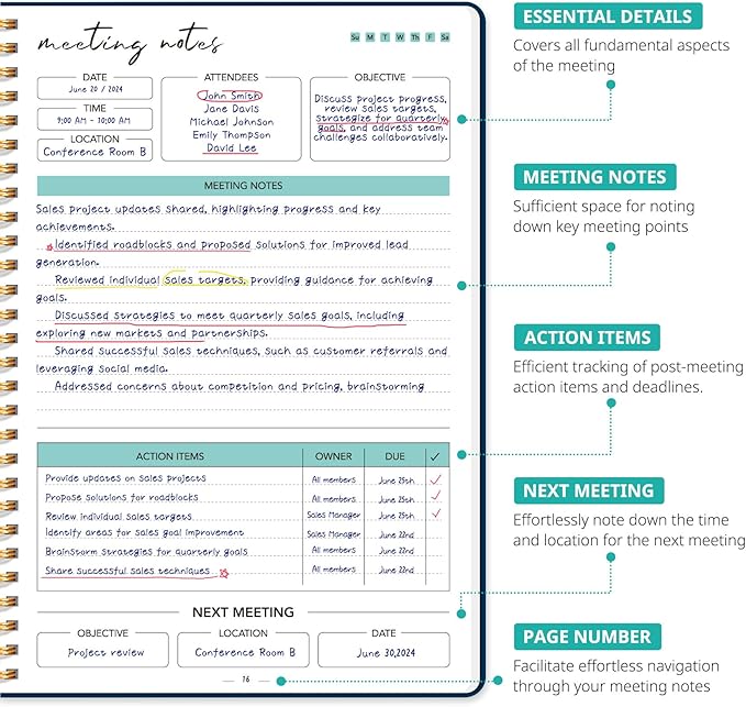 Taja Meeting Notebook for Work Organization - Work notebook with action items, Meeting Minutes Planner Notebook, Perfect Office Supplies for Men & Women - Navy Blue