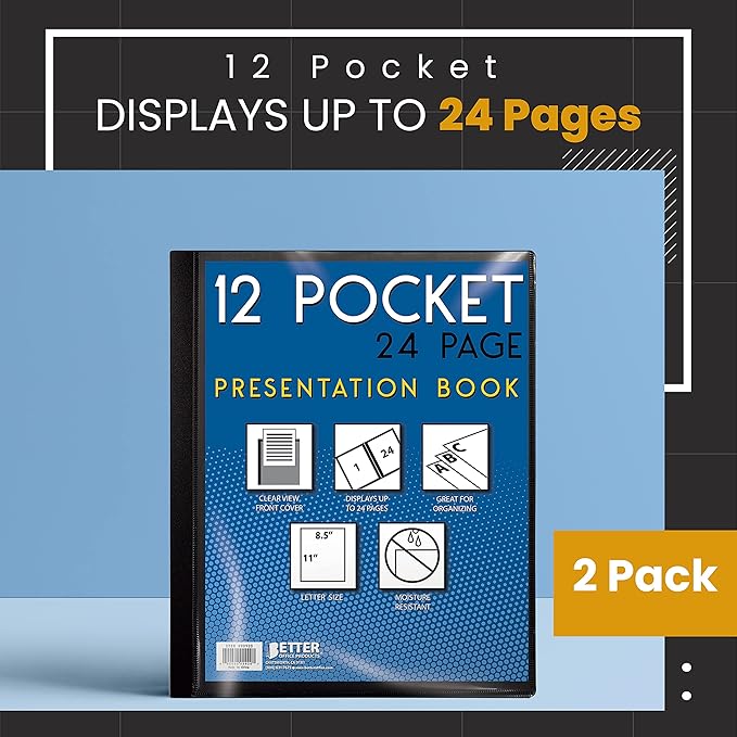 Better Office Products 12 Pocket Bound Presentation Book, Black, Clear View Front Cover, 24 Sheet Protector Pages, 8.5" x 11" Sheets, Art Portfolio, Durable Poly Covers, Letter Size (2 Pack)