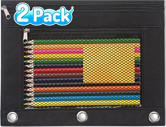 Sooez Pencil Pouch for 3 Ring Binder, 2 Pack Fabric Binder Pouch with 2 Pockets, Pencil Bags with Zipper and Reinforced Grommets, Pencil Cases for Binder