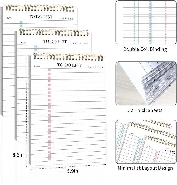 3Pcs To Do List Notepad,Undated Daily Planner Notebook With To Do List Notepad,Planner Spiral Checklist for School Office A5 Size