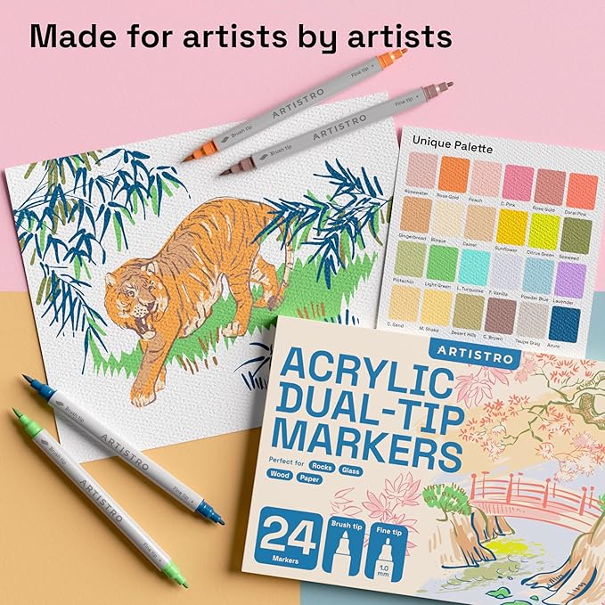 ARTISTRO 24 Pastel Dual-Tip Acrylic Paint Markers - Brush + Fine Tip Combo - Multi-Surface Paint Pens in Soft Colors