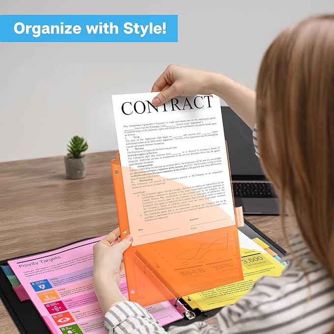 Dunwell 8-Tab Dividers with Pocket for 3-Ring Binders (3 Sets, 24 Count), Plastic One Pocket Dividers with Tabs, Slash File Jackets 3 Hole Punched for 8.5x11 Paper, Poly Pocket Notebook Dividers