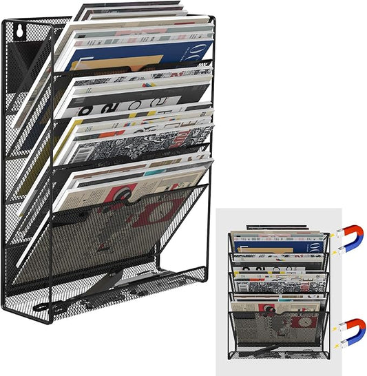 6-Tier Magnetic File Holder, No Drilling Installation File Cabinet Organizer,Black Magnetic File Holders, Magnetic Paper Holder for Refrigerator,File Cabinets, Whiteboard