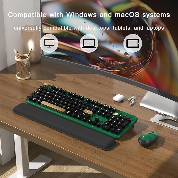 Colorful Wireless Computer Keyboard and Mouse Combo with Round Typewriter Keycaps, Retro Design, Power Switch, Ergonomic Design, 2.4GHz Wireless for Windows, Mac, PC(Dark Green)