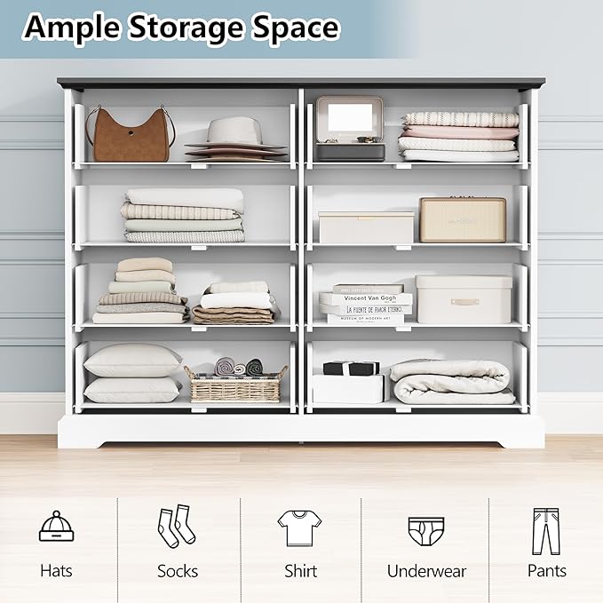 8 Drawer Dresser for Bedroom, 53" Wide Wooden Chest of Drawers, Rustic Farmhouse Dresser with Large Drawers & Metal Handles, Modern Storage Organizer for Closet, Living Room, Hallway, White