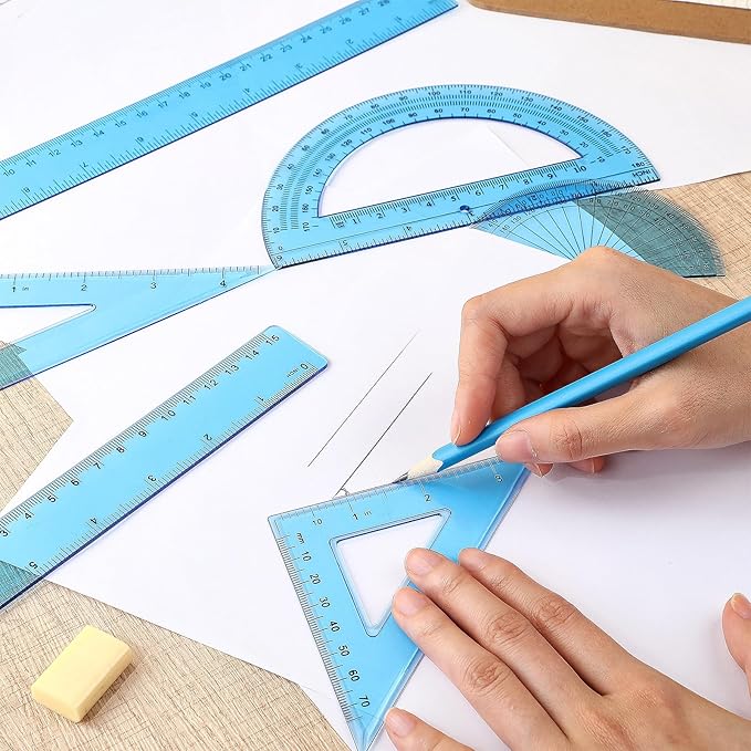 Zonon 1 Set Plastic Geometry Math Set Includes Drawing Compass, 6 Inch 4 Inch Protractor, 45/60 Degree Triangle Rulers 12 Inch 6 Inch Math Ruler Transparent for Office Supplies(Blue)