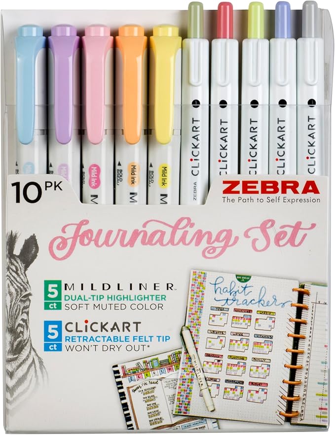 Zebra Pen - Creative 10-Pack Journaling Set - No Bleed Highlighters & CLiCKART Pens - Assorted Colors for Note-Taking, Bible Study, Bullet Journaling (14010)