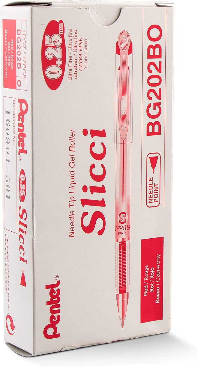 Pentel Arts Slicci 0.25 mm Extra Fine Gel Pen, Red Ink, Box of 12 (BG202-B)