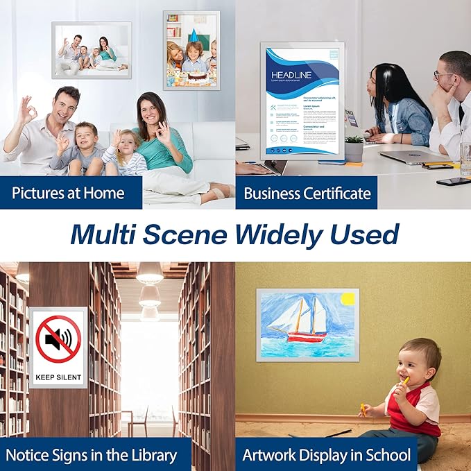 Acrylic Sign Holder 8.5" x 11" Wall Mount, Self Adhesive Magnetic Display Frame with Nano Tape, Plastic Clear Document Frame for Office, Store, School, Home, Wall Picture Frame (Silver, 3Pack)