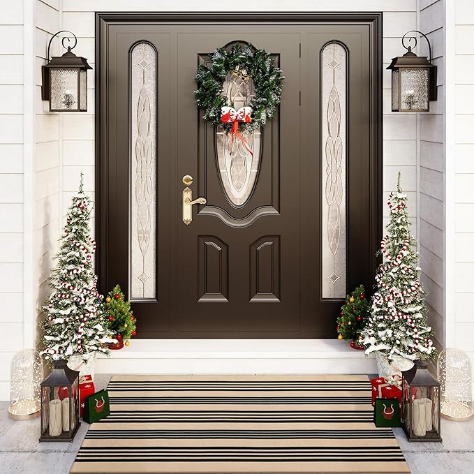 OJIA Christmas Outdoor Rug 3'x5', Black and Tan Area Rug Machine Washable Rugs Cotton Hand Woven Entry Rug Indoor Outdoor Striped Carpet for Front Porch/Deck/Backyard/Camping/Outdoor Decor