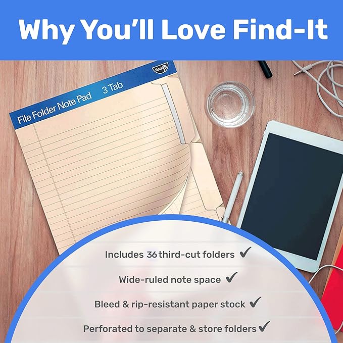Find It File Folder Notepad - Pack of 36-9.5 x 12.5 Inch Notebook Organizer Folders for Filing, Document, and Clipboard Organization - Cream
