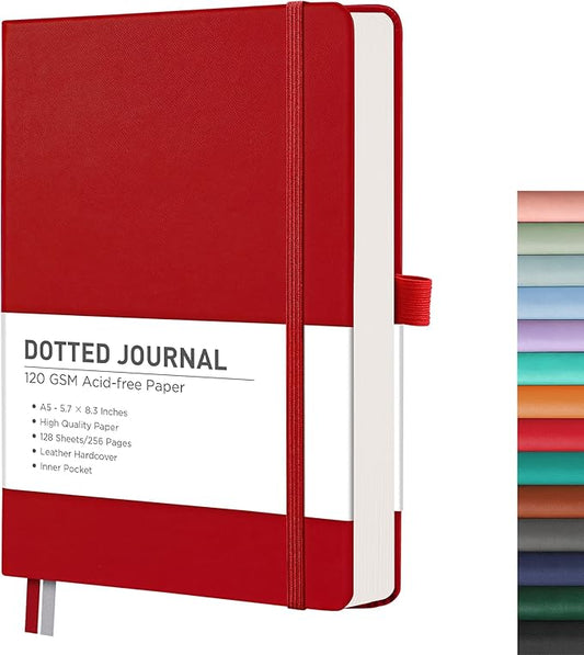 RETTACY Bullet Dotted Journal Notebook, 256 Pages, A5 Medium Size (5.7'' × 8.3''), Leather Hardcover, 120 GSM Thick Paper, for Bullet Journaling, Planning, Tracking (Red)