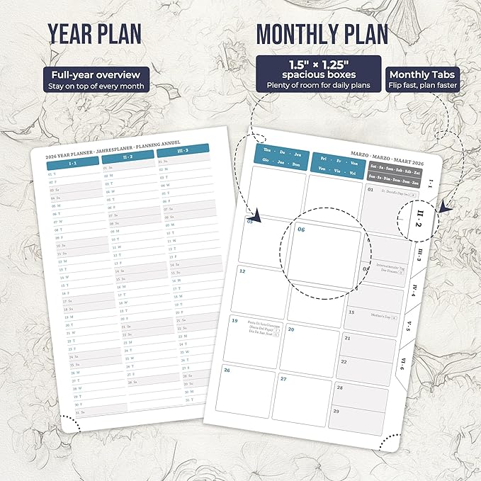 Daily Planner 2026 with One Page Per Day,(A5-8.5" x 5.9"),12 Months Calendar Hourly Appointment Book Monthly Tabs&Self-adhesive Pen Holder,Inner Pocket,3D Designed Flower Cover,Green