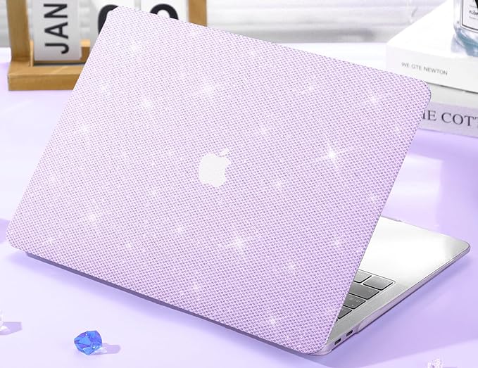 KEROM Bling Glitter Case for MacBook Air 13 inch 2022-2018 M1 A2337 A2179 A1932, Luxury Bedazzled Shiny Sparkle PU Leather Hard Shell & Keyboard Cover for Mac Air 13 M1, Purple Glitter