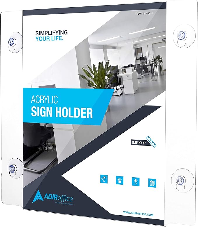 Adir Acrylic Sign Holder – Window Sign Holder with Suction Cups for Advertising and Promotion, Wall-Mount Display Frame, Clear Sign Holder Stand for Glass, Mall, Restaurants, Office - 12 Pack (8.5x11 Inch)