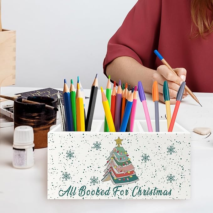 Christmas Book Tree Pen Pencil Holder Organizer for Desk, All Booked for Christmas Wooden Box Signs Decorations for Library Home Office Desk Tabletop, Book Lover Gifts