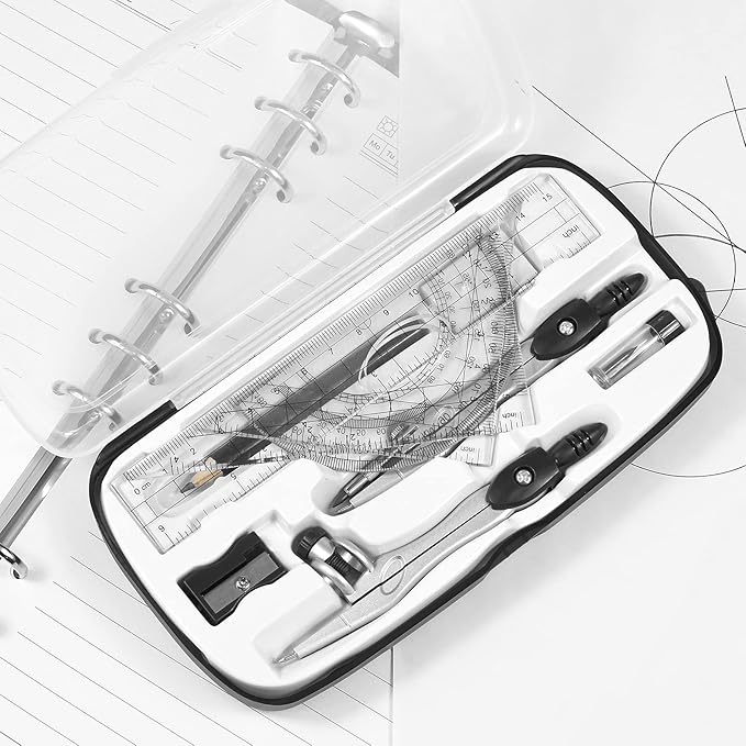 Math Geometry Kit Sets 10 Piece Student Supplies with Shatterproof Storage Box,Includes Rulers,Protractor,Compass,Eraser,Pencil Sharpener,Lead Refills,Pencil,for Drafting（Black）