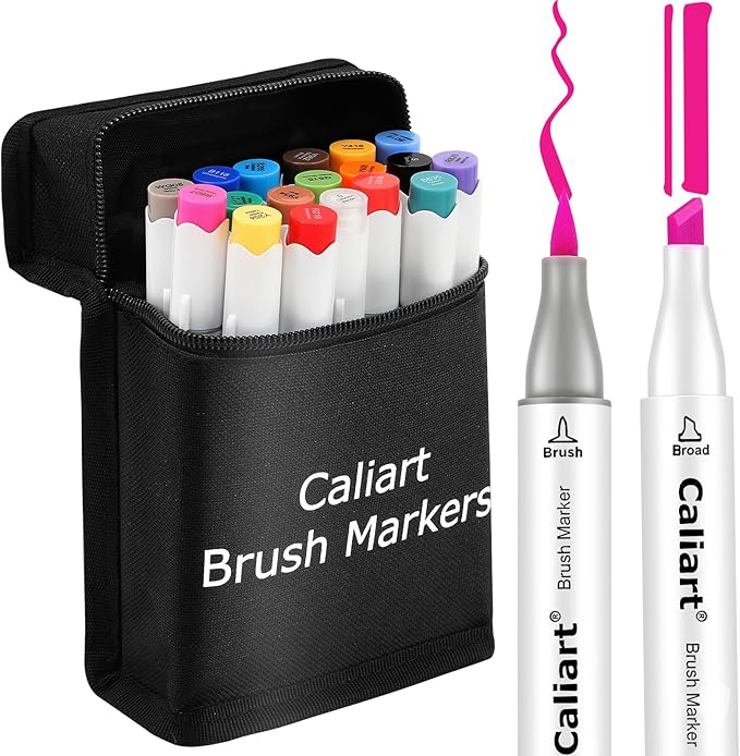 Caliart 18 Colors Brush & Chisel Permanent Alcohol Markers, Dual Tip Artist Sketch Art Markers Set for Adult Coloring Book, Aesthetic Cute School Supplies, Pens for Drawing Coloring Illustrations