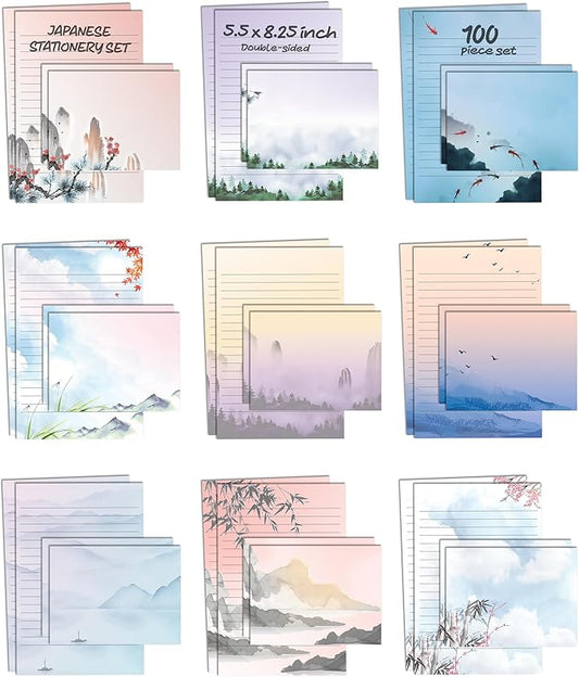 Better Office Products Mini Stationery Set of 100, Japanese Stationery Paper (50 Lined Sheets + 50 Matching Envelopes), 5.5 x 8.25 inch, 9 Designs, Double Sided Printing, One Side Lined Paper,