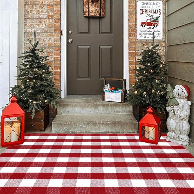 Ckorzen Red and White Plaid Rug, 4' x 6' Christmas Front Porch Outdoor Rug, Handwoven Cotton Washable Rug for Layered Door Mats, Holiday Entryway and Home Décor