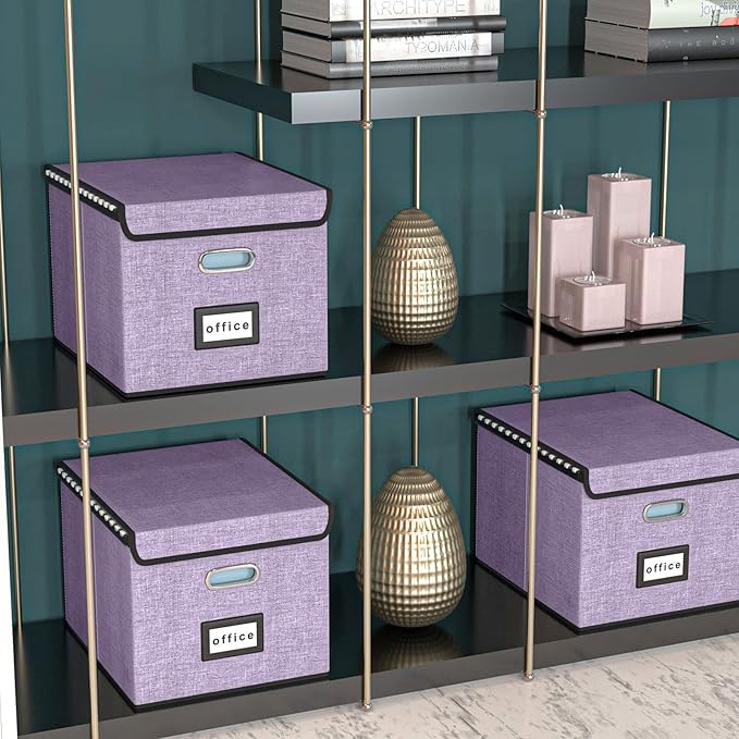 Decorative File Organizer Storage Boxes with Lid, Huolewa Linen Hanging Filing & Storage Box with Plastic Slide for Office/Decor/Home, Universal Hanging Filing Organization Box for Letter/Legal Folder