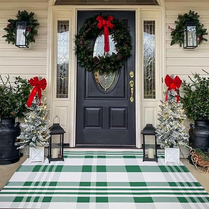 Christmas Door Mat Outdoor 4' x 6' Green and White Plaid Rug Christmas Decor Rug Cotton Hand-Woven Layered Door Mats Washable Carpet for Front Porch, Kitchen, Farmhouse, Entryway