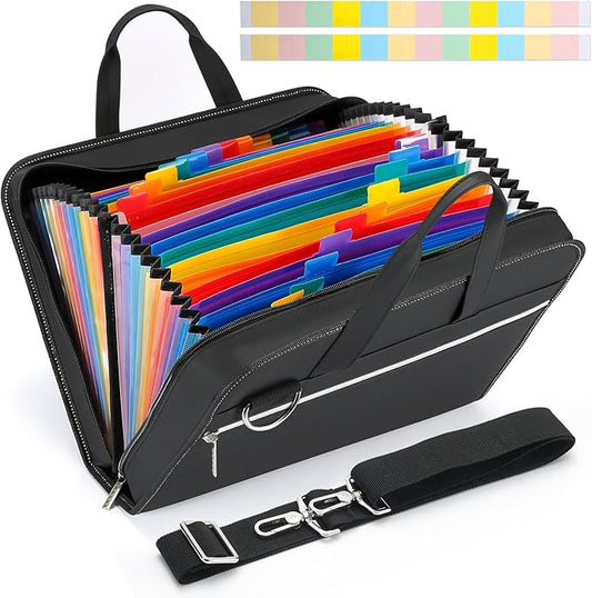 SEEKIND PU Leather Accordian File Organizer 26 Pockets, Expanding File Folder with Handle&Carrying Strap, Document Organizer File Holder for Letter Size / A4 File, for Office, School-Black