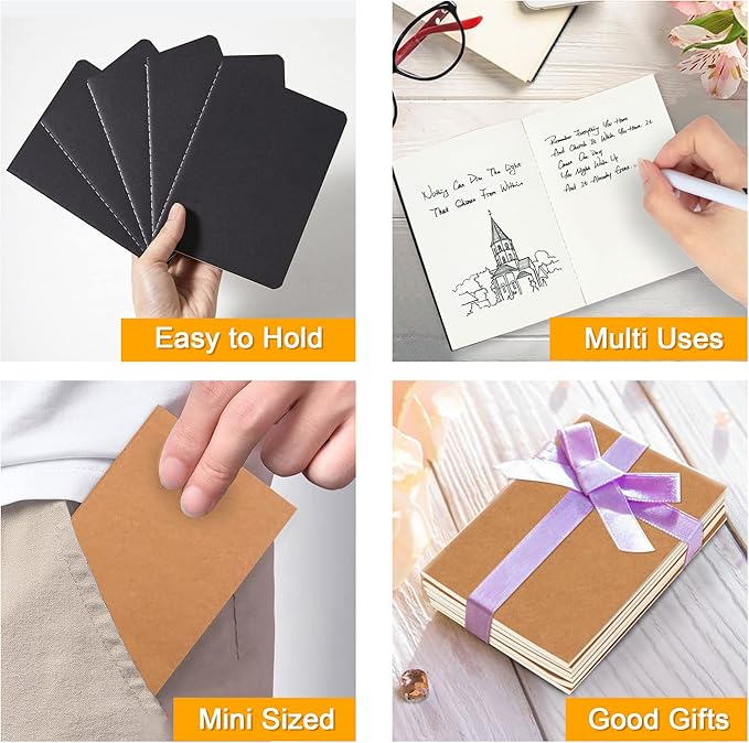feela 170 Pack Blank Kraft Notebooks, Unlined Sketchbook Mini Cute Note Pad for Drawing Writing, Journal Bulk For Kids Students Office School Supplies, A6, 48 Pages, 4.25” X 5.5”, Black and Brown
