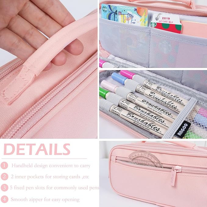 MAMUNU Pencil Case Large Capacity with 3 Compartments, Pencil Case Pouch Bag with Zipper Handle Portable Pen Stationery Organizer for Teen Girls Adults College School Office Travel, Pink
