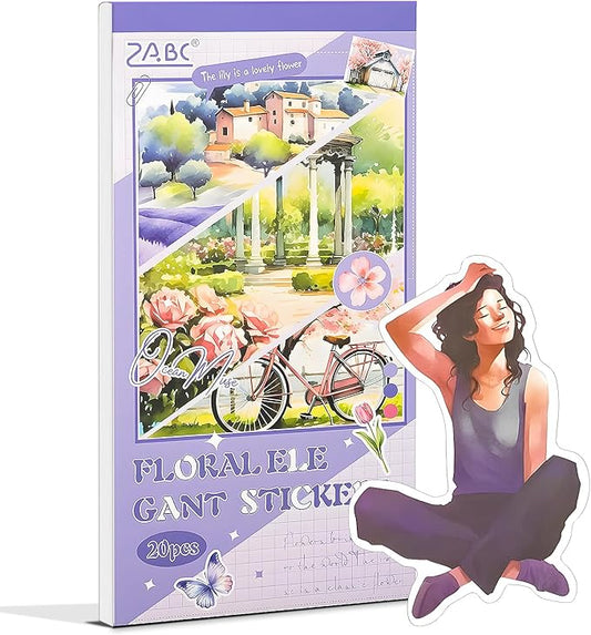 Snycler Purple Flower Series Sticker Book - 20 Sheets Vintage PET Stickers for Scrapbooking, Junk Journaling, Ephemera, and Decorative Crafts - Pre-Cut Floral Design Stickers