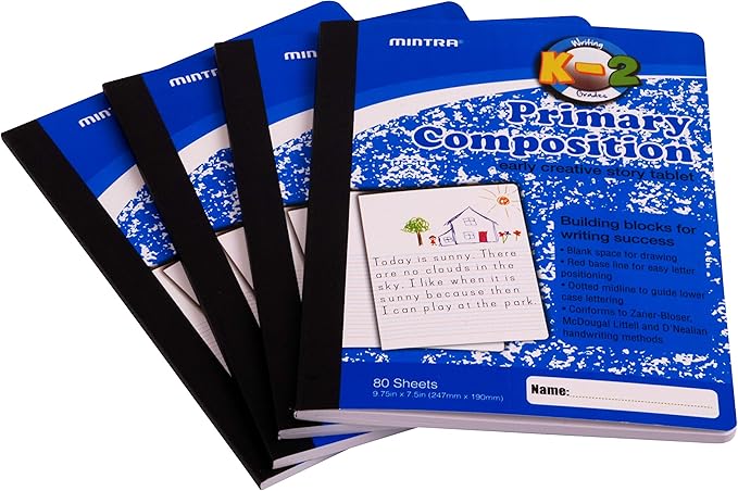 Mintra Primary Composition Notebook, 24 units 6-4 Pack, Blue Cover, 80 Sheets, 7.5in x 9.75in, 1/2 Sheet, Ruled with Drawing Area, Flexible Hardcover Journal, Grades K-2, School & Home Use