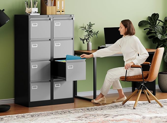 Letaya 4 Drawer File Cabinet with Lock,Metal Office Filing Cabinets for Home Office- Storage A4/F4/Letter/Legal -Assembly Required (Black Grey)