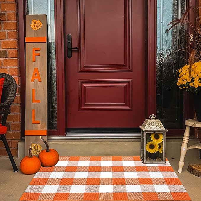 Buffalo Plaid Outdoor Rugs, 2'4" x 3'7" Orange and White Check Indoor/Outdoor Area Rug, Layering Rug for Hello/Welcome Door Mat, Washable Cotton Woven Farmhouse Mat for Fall Front Porch Décor