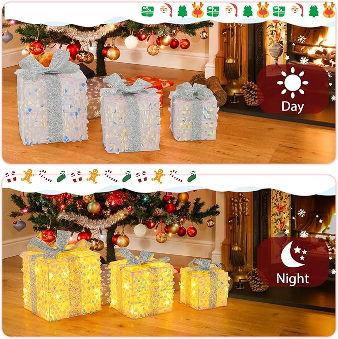 Tangkula Set of 3 Christmas Lighted Gift Boxes, Pre-lit 90 LED Light Up Present Box Decorations with Bows and Plug, Indoor Outdoor Xmas Boxes for Christmas Tree, Holiday Party Decorations