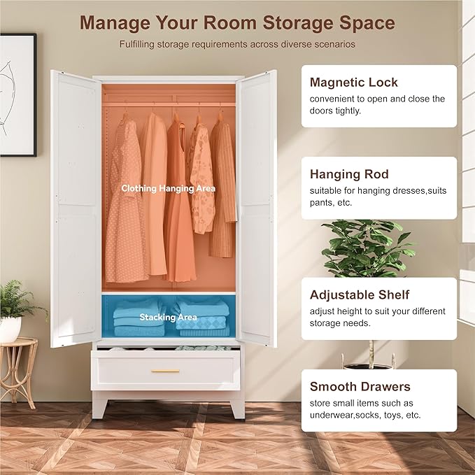 Farmhouse Wardrobe Cabinet with One Drawers,Metal Wardrobe Closet with Hanging Rod,Metal Armoire with Adjustable Shelves for Bedroom,Living Room, Cloak Room,Office (White)