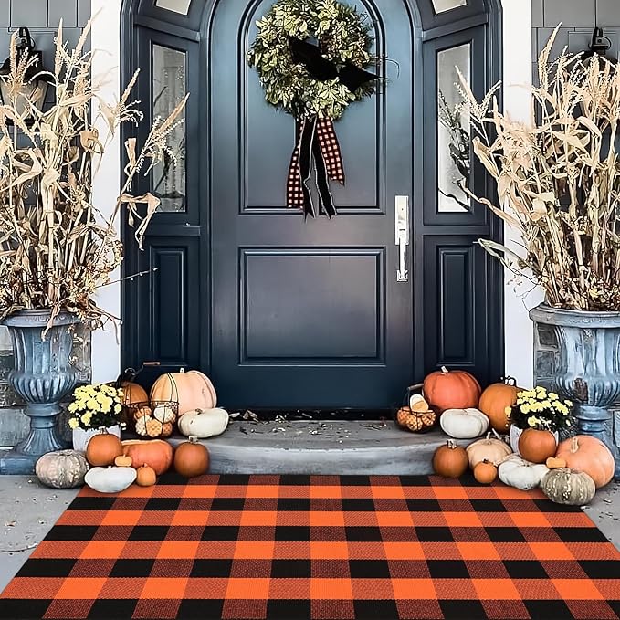 KIMODE Fall Outdoor Rug Buffalo Plaid Orange and Black 3'x5',Washable Cotton Halloween Door Mat,Reversible Fall Front Porch Rug Decor,Checkered Layering Rugs for Entryway,Front Door