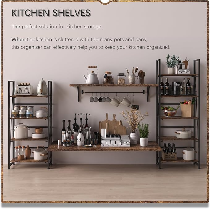 4NM No Assembly Folding Bookshelf Storage Shelves 4 Tiers Vintage Bookcase Standing Racks Study Organizer Home Office (Rustic Brown Black)