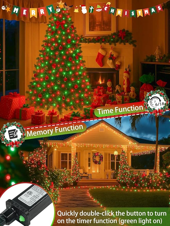 2 Pack Christmas String Lights Indoor Outdoor, Super Bright 66FT 200 LED String Lights Waterproof, 13 Modes Twinkle Xmas Lights with Timer for Christmas Tree Decorations (Red and Green)