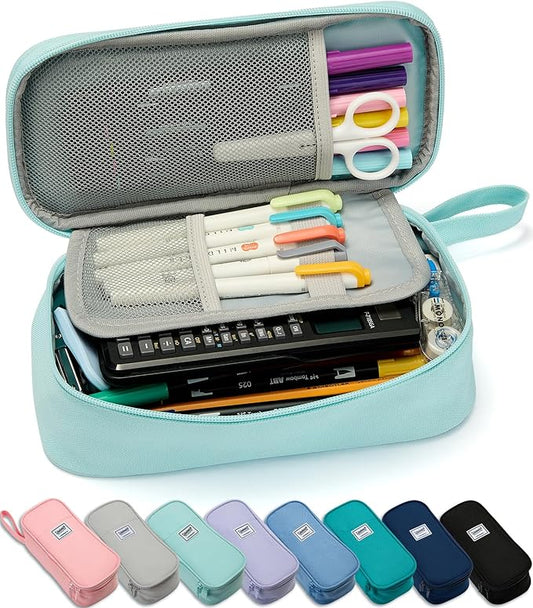 Pencil Case Pouch Box Bag School Supplies Girls Boys Kids, Cute Preppy Stuff Large Big Capacity Aesthetic Pen Organizer, Back to College Stationary, Powder Blue, Classic Stlye, 1800ml