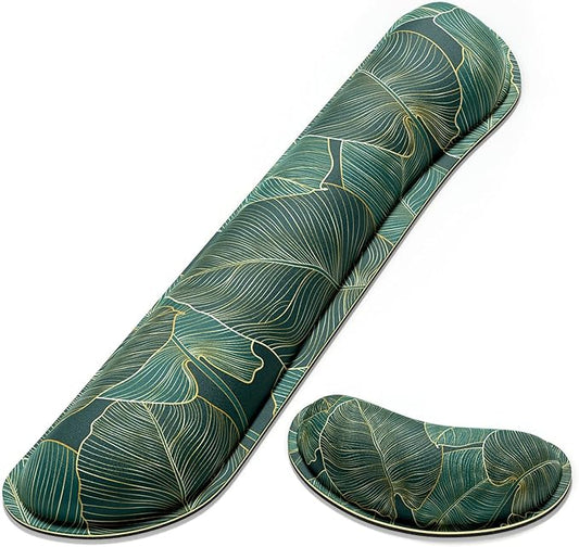 Dapesuom Enlarge Keyboard Wrist Rest, Memory Foam Wrist Cushion for Desk Mats Support, Cute Pain Relief Keyboard Mouse Pad Rests Set with Non-Slip Base for Gaming Laptop Office Computer, Green Leaf