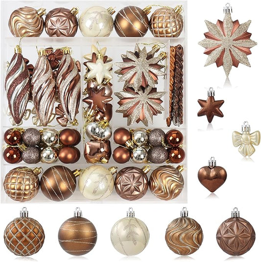 82Pcs Brown and Gold Christmas Ornaments Set, Shatterproof Medium Christmas Ball Ornaments, Christmas Decorations Hanging Ornaments for Xmas Trees, Holiday, Party Decor (Brown & Gold)