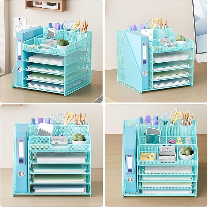Lavatino 5-Tier Metal Mesh Desk Organizer with File Holder & 7 Customizable Compartments | Paper Letter Tray for Office or Home Desk Storage | Keep Workspace Supplies Neat & Organized, Blue