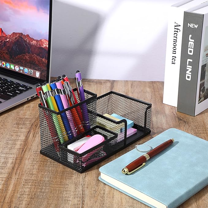 Mesh Pen Pencil Holder Note Holders Desk Organizer, 3 Compartment Wire Desktop Pen Pencil Cup Caddy Office Supplies Accessories for Home Office School, Black(4 Pack)