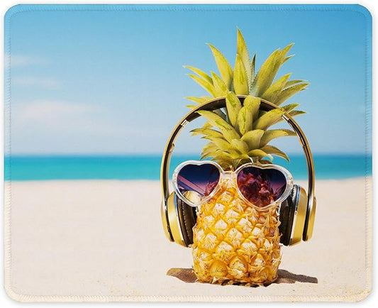 Auhoahsil Mouse Pad, 12 x 10 in Beach Theme Computer Mouse Pad for Desk, Premium-Textured Non-Slip Rubber Stitched Edges Waterproof Square Mouse Mat for Gaming Work Wireless Mice, Pineapple