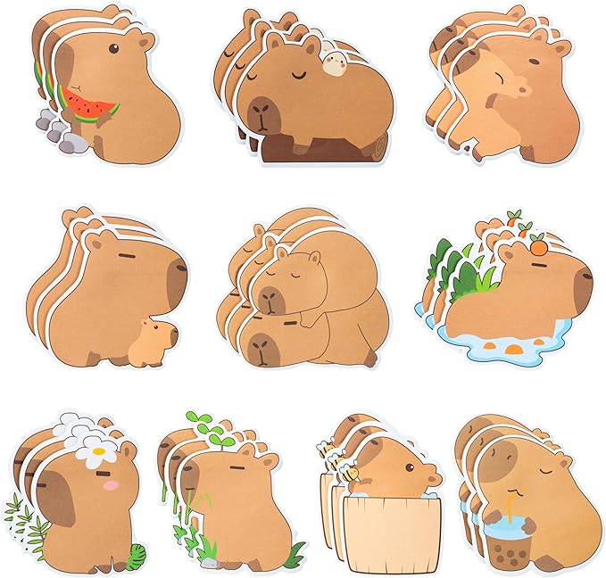 Xqumoi 30 Pack Capybara Sticky Notes - Cute Cartoon Capybara Self Sticky Notepads Writing Memo Pads Animal Page Marker for Office School Student Birthday Party Favors Goodies Bag Fillers 600 Sheets