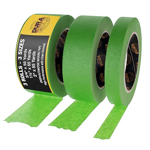 Dura-Gold Green Automotive Masking Tape 3/4, 1-1/2, 2 Inch (0.7", 1.41", 1.88" x 55 Yards), 1 Roll Each - High-Performance, Heat Resistant - Auto Refinish Painting Car Detailing Autobody Painters Tape