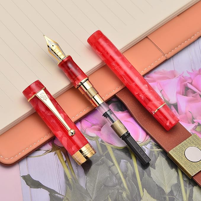 Jinhao 100 Fountain Pen Celluloid Classic Style, #6 Nib Smooth Writing Instrument with Refillable Converter and Pen Case Set